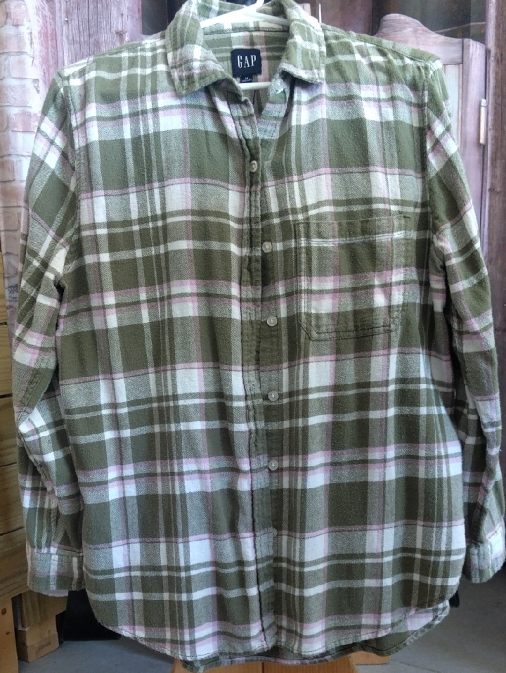 GAP Olive, White & Pink Plaid Button-Down Shirt